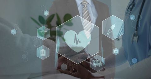 Healthcare partnership handshake between nurse and executive with digital heart interface