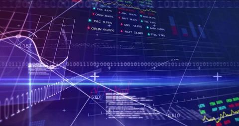Futuristic Financial Data Dashboard with Neon Line Graphs, Binary Code and Analytics Overlay