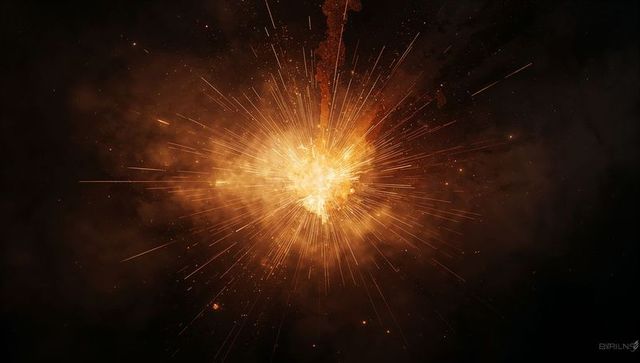 Exploding golden fireball radiating radial sparks and embers across deep space nebula