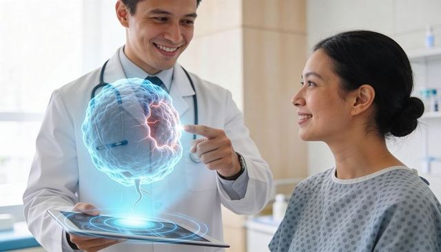 Doctor presenting interactive holographic brain scan to patient using tablet for neurology