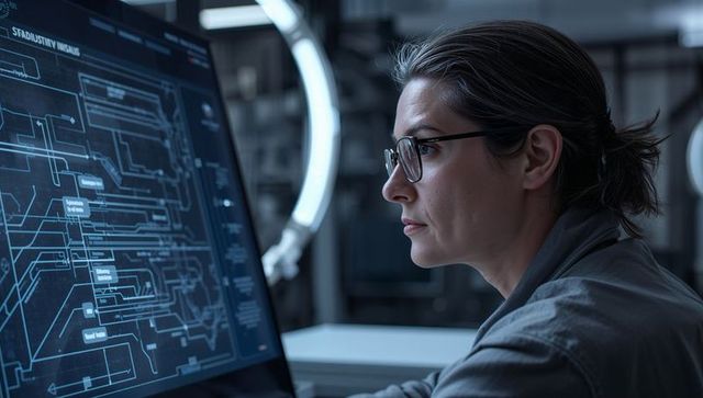 Female Engineer Analyzing Complex Circuit Schematic on Large Monitor in Modern Lab