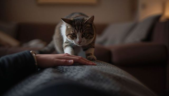 Tabby Cat Walking Across Person on Couch Reaching for Hand Cozy Evening Home Moment
