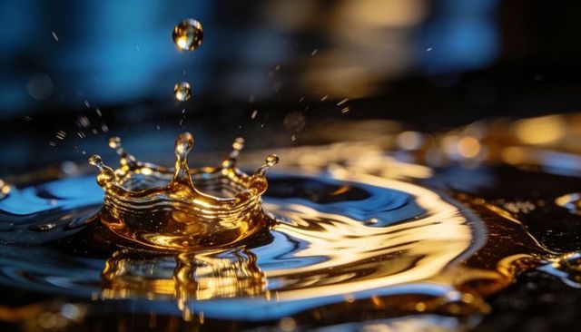 Golden liquid crown splash macro with droplet and ripples high-speed metallic blue