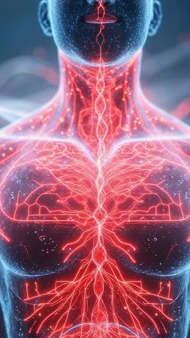 Pulsing vascular and neural filament network visualizing futuristic torso biomedical video