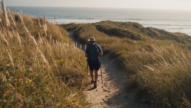 Hiker walking coastal dune trail toward ocean at golden hour, wearing hat and backpack