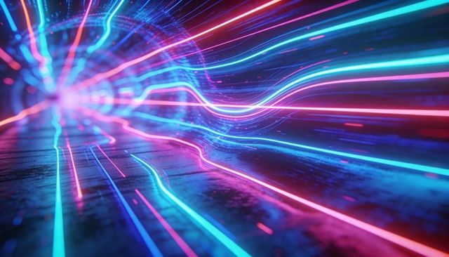 Streaming neon ribbons racing through futuristic tunnel with glowing portal, cyberpunk reflections