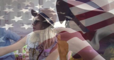 Young Women Sitting at Cafe with American Flag Double Exposure Urban Summer Lifestyle
