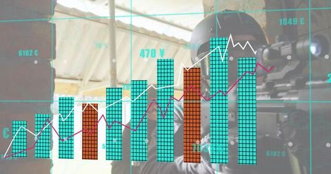 Tactical marksman aiming through scoped rifle inside shelter with analytics chart overlay