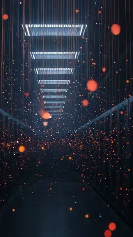 Futuristic industrial hallway with glowing panels and drifting embers | Vertical cinematic loop