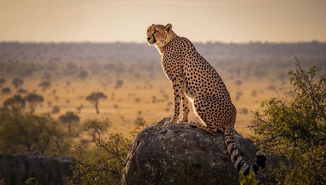Cheetah overlooking savannah at sunrise