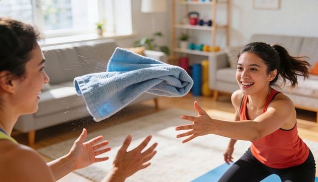 Friends tossing blue towel during sunlit living room workout, smiling active women