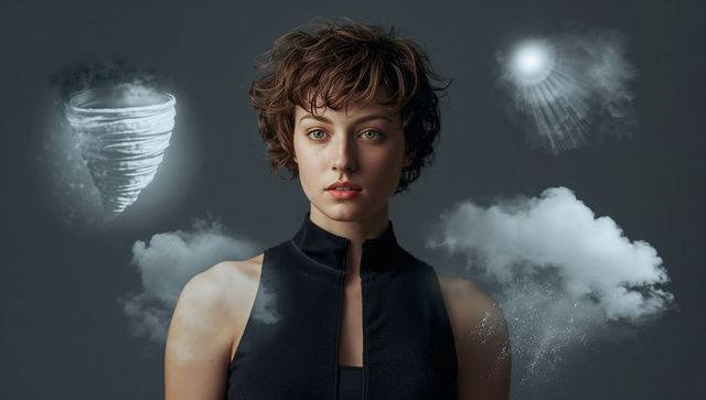 Surreal editorial portrait woman with short hair, clouds, tornado vortex and sunburst