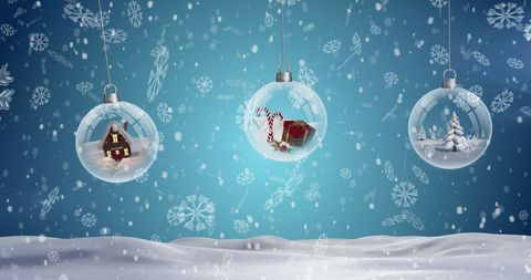 Christmas Baubles with Snowy Landscapes and Falling Snowflakes