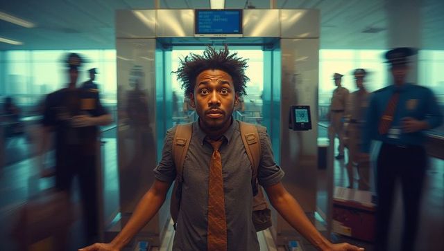 Traveler surprised at airport security checkpoint with backpack