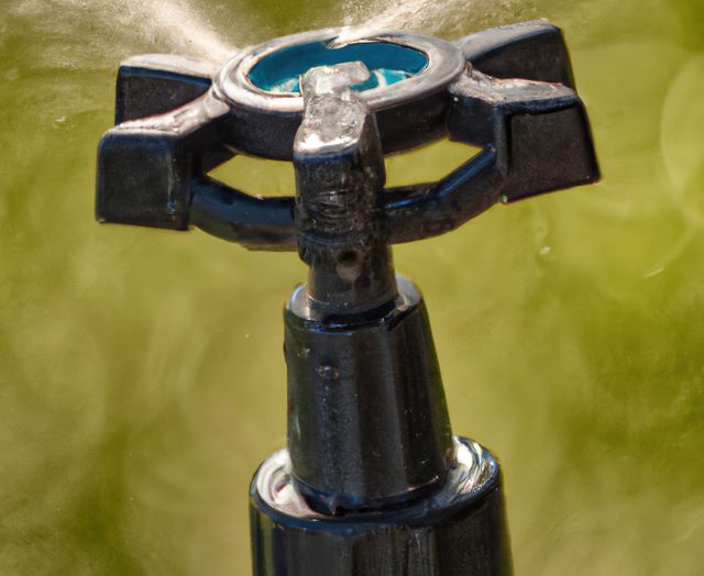 Close-up of a water sprinkler head actively spraying water, perfect for illustrating irrigation technology, gardening tools, and lawn care methods. Ideal for blogs, articles, and educational materials focused on efficient water use, agriculture, and maintenance of green spaces.