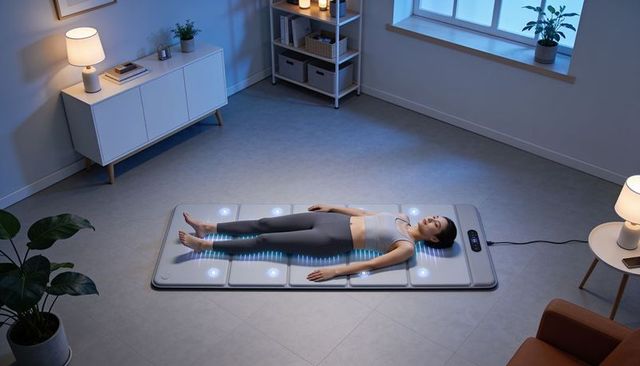 Woman relaxing on smart massage mat with led therapy zones and digital control panel