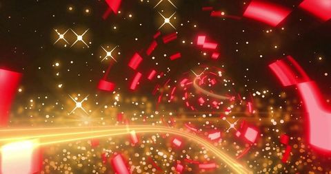 Neon spiral tunnel with glowing red panels and golden light ribbon