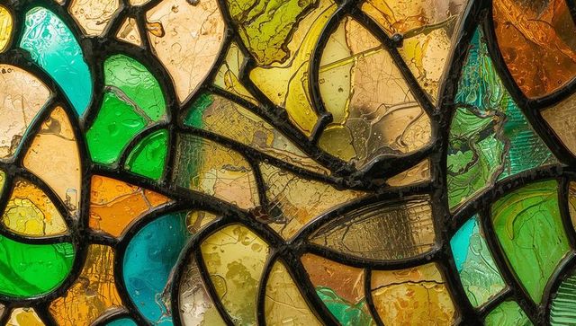 Vibrant stained glass mosaic with decorative details