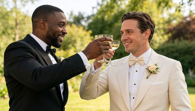 Two grooms toasting with champagne coupes on sunlit garden lawn