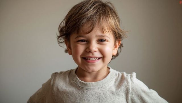Smiling young boy portrait wearing light knit sweater, natural light, neutral background