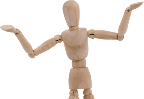 Transparent wooden mannequin with arms raised in gesture