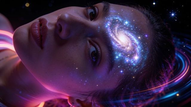 Reclining asian woman with galaxy spiral forehead and neon orbital halo