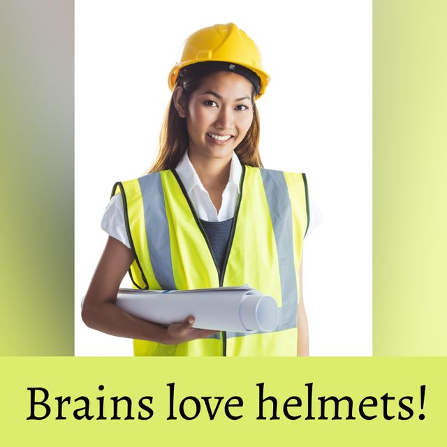 Female Engineer Wearing Safety Helmet and Vest Holding Blueprints - Download Free Stock Templates Pikwizard.com