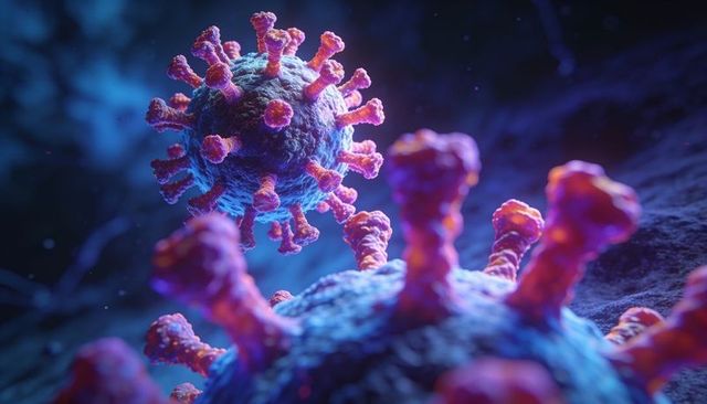 High-detail coronavirus virion with glowing spike proteins blue-purple macro 3d render