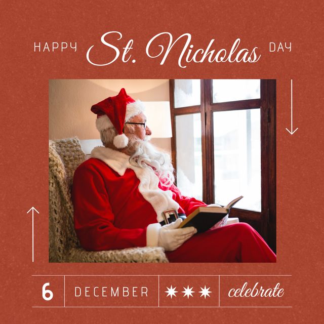 Senior Man in Santa Costume Reading Book on St. Nicholas Day - Download Free Stock Templates Pikwizard.com