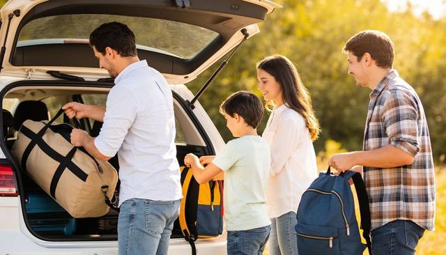 Family loading suv for weekend road trip at golden hour, parents packing backpacks