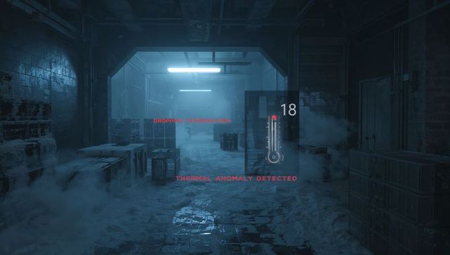 Glowing cold storage corridor with hud thermal anomaly overlay and frost-covered crates