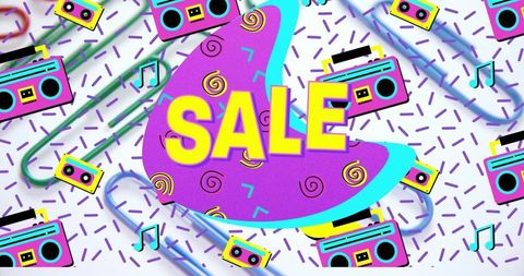 Colorful retro sale banner with nostalgic music icons and office supplies