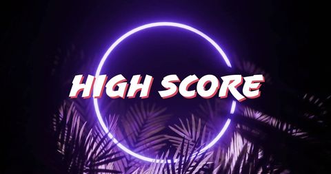 Visually engaging depiction of 'High Score' text in retro font on neon light background with abstract elements like palm leaves. Perfect for illustrating themes related to retro gaming, digital communications, aesthetics, or tech events. Suitable for use in gaming blogs, tech-related advertisements, digital presentations, and creative arts projects.