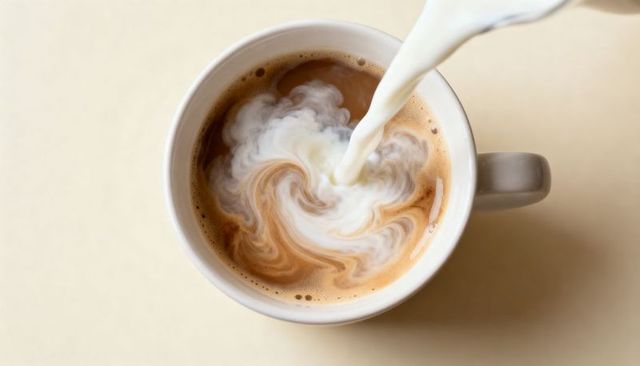 Pouring milk creating creamy swirls in coffee cup overhead minimal neutral background
