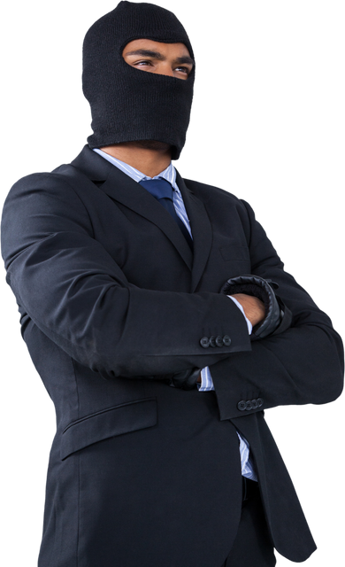 Confident Male Hacker in Black Suit with Crossed Arms Wearing Balaclava and Gloves on Transparent Ba - Download Free Stock Videos Pikwizard.com