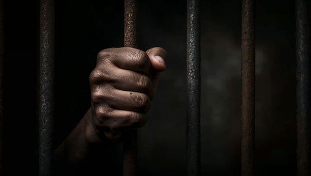 Hand Gripping Rusted Prison Bars Representing Confinement and Resilience