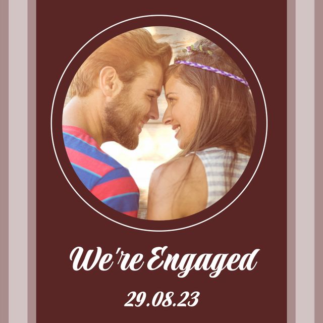 Image captures a couple joyfully announcing their engagement with a close-up of their smiling faces. Perfect for use in wedding announcement cards, engagement invitations, romantic advertisements, and social media posts celebrating love.