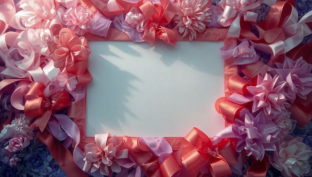 Festive satin ribbon and floral bow frame with blank card