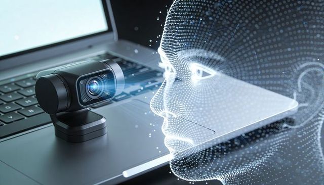 Scanning external webcam projecting holographic wireframe face over laptop keyboard
