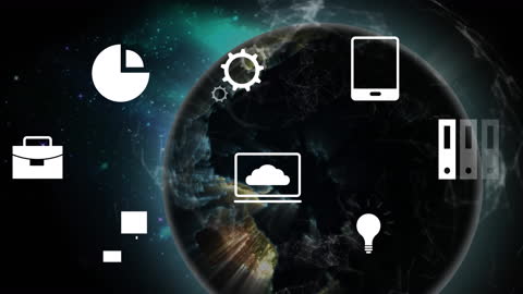 Digital Global Business Icons with Cosmic Background