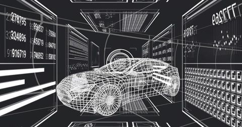 Wireframe sports car rotating inside virtual lab with hud data panels and mesh overlay