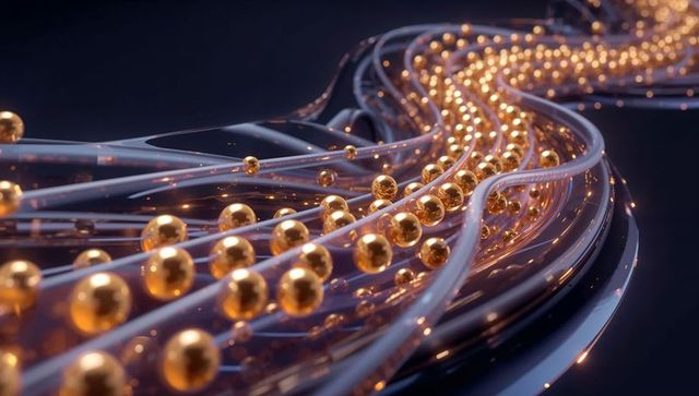Flowing translucent tubes carrying glowing gold spheres on glossy dark surface for futuristic tech