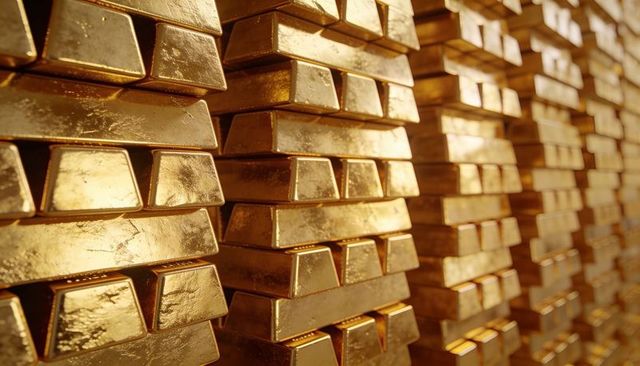 Stacked gold bars forming vault columns reflecting warm light and textured surfaces