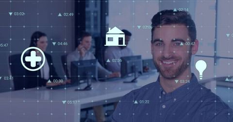 Confident professional smiling in high-tech office atmosphere