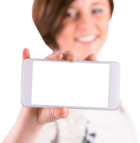 smiling woman displaying phone with transparent screen - Download Free Stock Videos Pikwizard.com