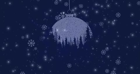 Festive snowy ornament with falling snowflakes and fir trees