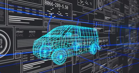 Futuristic wireframe van model in virtual dimensions hub