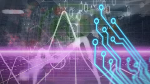 Futuristic Digital Interface with Holographic Charts and Circuit Patterns