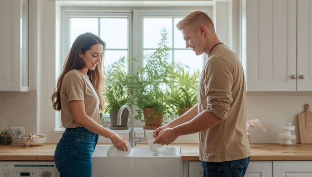 Couple washing dishes together at sunlit farmhouse sink surrounded by indoor plants