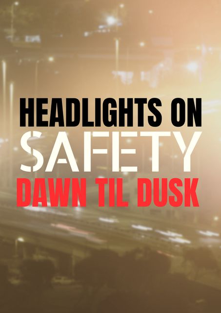 This visual encourages drivers to maintain safety by keeping their headlights on from dawn till dusk. Useful for road safety campaigns, driving schools, and transportation safety advocacy. Ideal for educational materials, social media awareness posts, and public safety announcements.